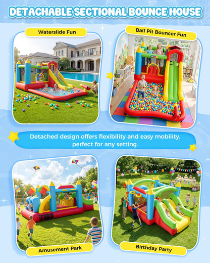 Giant 29FT Wate Slide Bounce House Detachable (15.3+13.5FT) Combo, Obstacle Course & Waterslide, Tunnel/Jumping Area/Spalish Pool, Bouncy Castle for Summer Fun, Inflatable Water Park Holds 10 Kids