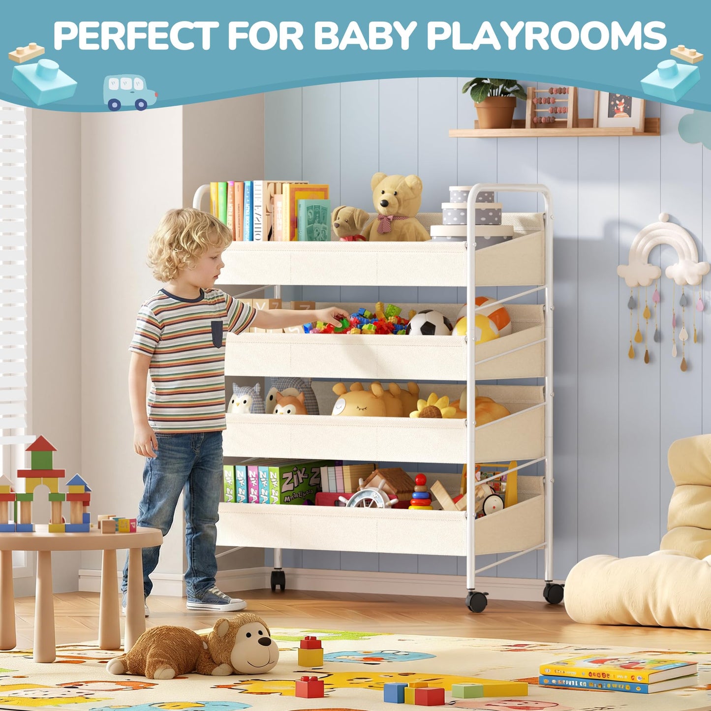 Kids Toy Storage Organizer with 4 Shelves and Wheels,White-Supersized Toy Storage Shelf for Toddlers Ideal for Kids' Rooms,and Nurseries,Toddler Furniture for Boys and Girls Ages