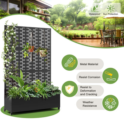FENCY Metal Raised Garden Bed with Wheels and Trellis,73"x47"x16" Planter Box for Climbing Plants, Vegetables & Vines, Features Privacy Screen and Drainage Holes (Black-Brick)