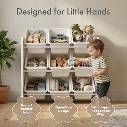 Humble Crew Toy Storage Organizer with 9 Removable Storage Bins for Kids Playroom, 3-Tier Toddler Toy Organization and Storage, White/White