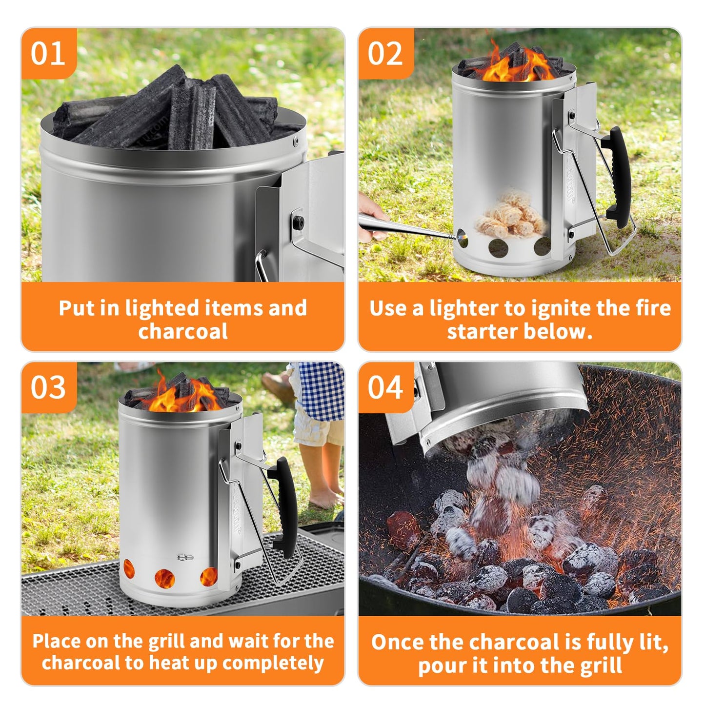 Joyagrill 7.5X12inch XL Charcoal Chimney Starter with Electroplated Handle, Durable Fire Starter with Large Capacity Rapidfire Chimney Starter, Tilted Handle Design for Safe