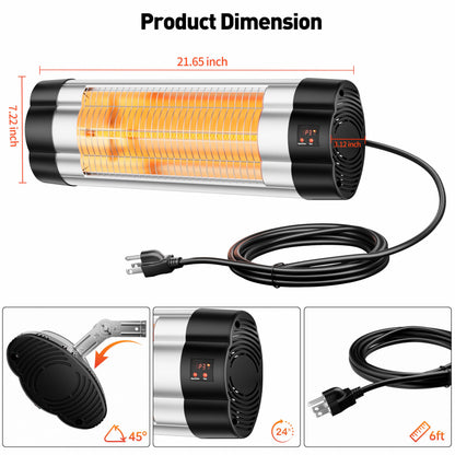 Wall Mounted Infrared Heater with 1 Seconds Instant Warmth, Quiet Electric Radiant Heating for Garage Greenhouse Porch, 1500W Adjustable Temperature Patio Heater