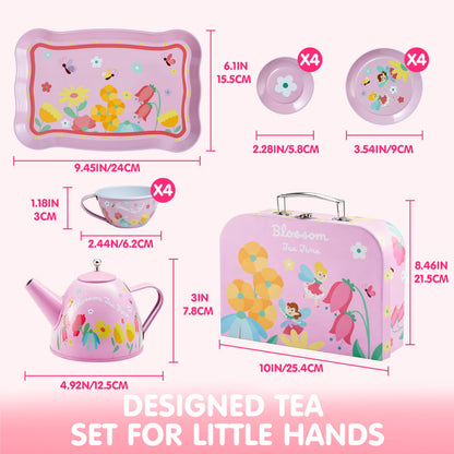 JOYIN Fairy Blossom Tea Party Set for Little Girls, Pretend Pink Tin Teapot Set, Princess Tea Time Play Kitchen Toy with Teapot, Cup, Plate, Carrying Case for Kids Toddlers Age 3 4 5 6