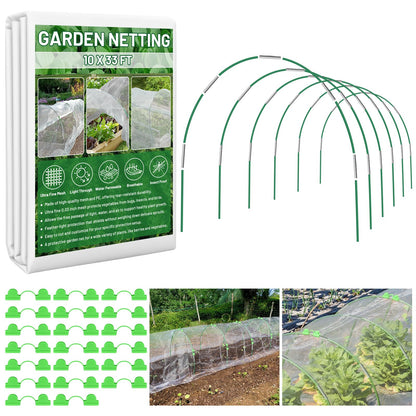 Sunwinx Garden Mesh Netting Kit for Raised Beds, 10x33FT Ultra Fine Mesh Netting&6 Sets 8FT Fiberglass Garden Hoops, Insect Netting Row Cover, Pest Barrier Protection for Vegetable Fruits Flowers