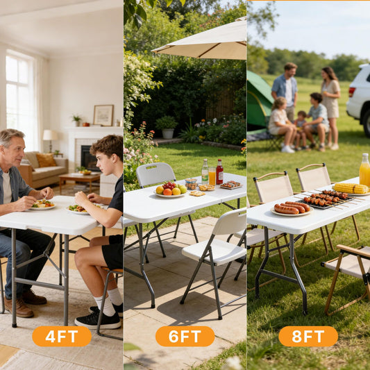 HAPPYMONT 8 Feet Folding Picnic Table, Plastic Table with Carrying Handle, Heavy Duty Portable Table for Camping Party, White