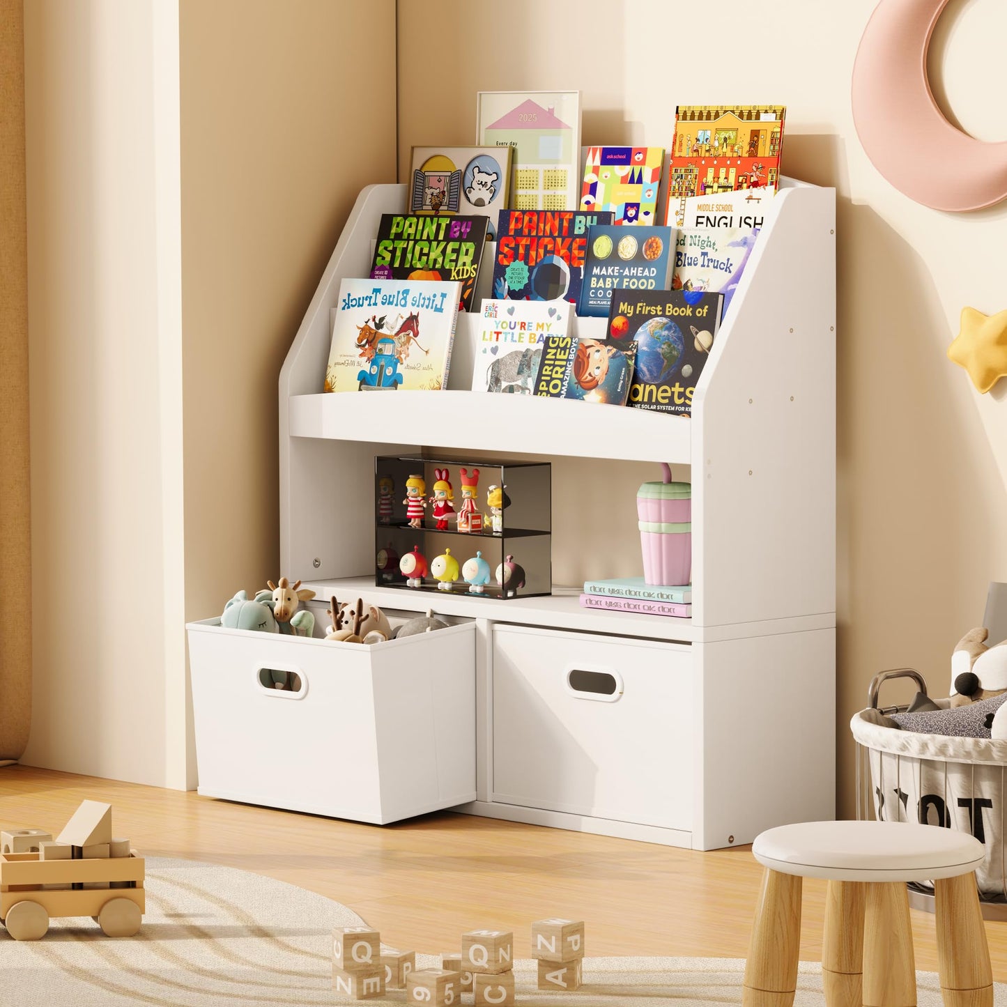 Homeiju Kids Bookshelf & Toy Storage Organizer with 2 Fabric Bins, 3 Tier Children Book Shelf, Toddler Bookcase for Toddler, Kids Room, Toys, Nursery, Playroom, White