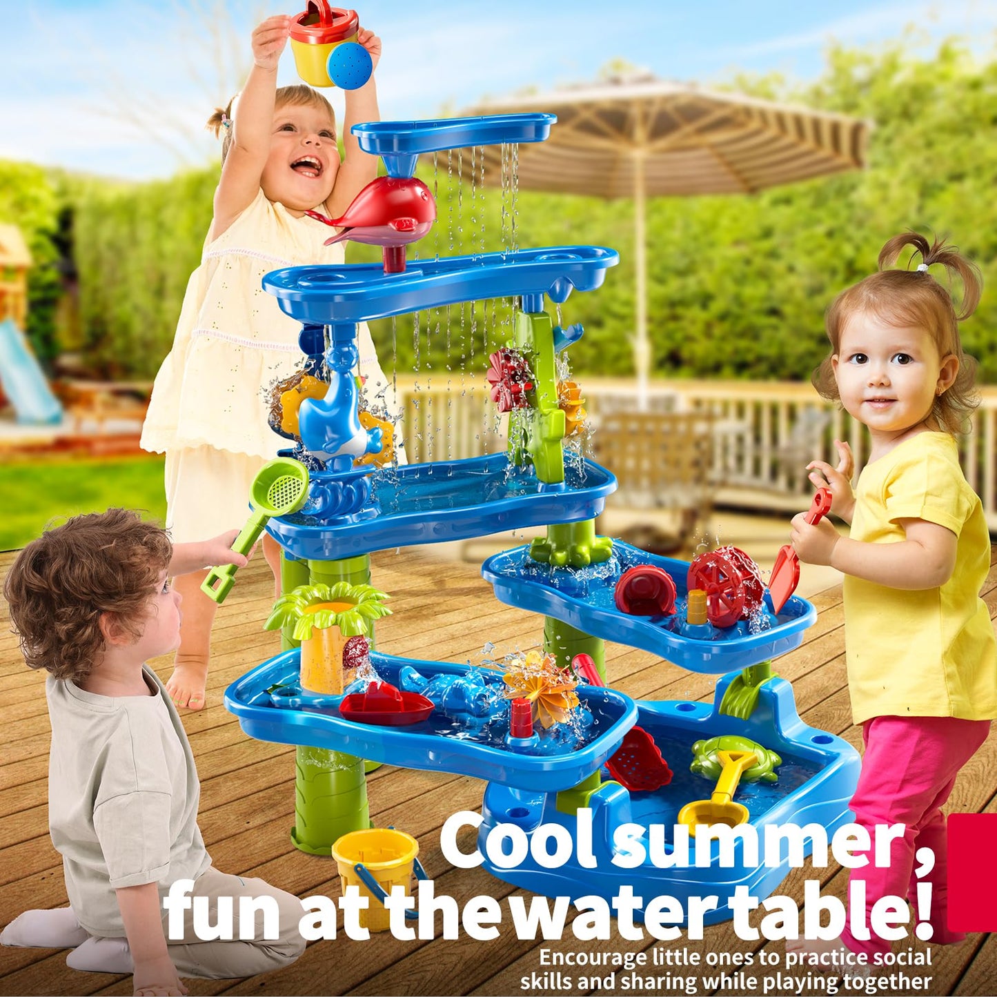 WATUDOU Water Table for Toddlers Kids 2 3 4 5 6 7 8, 5-Tier Sand Water Table with Rain Showers Pond, Kids Beach Summer Outdoor Sand and Water Sensory Table, Gifts for Kids Boys Girls Ages 3-5 4-8+
