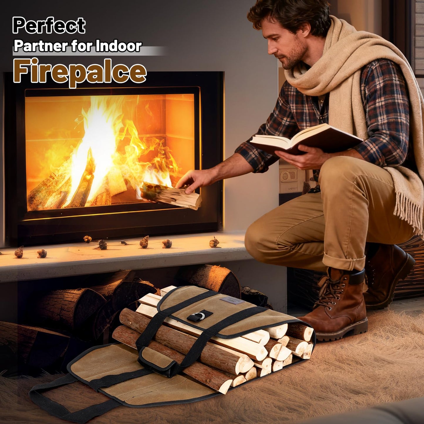 FEED GARDEN Firewood Carrier Bag Heavy Duty Waxed Canvas Log Carrier for Firewood Large Log Tote Fire Wood Carrying Bag with Handles for Easy Transport Carrying and Wood Stove Accessories