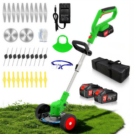 Cordless Weed Wacker Electric Stringless Eater 21V Battery Powered Lightweight Portable Weed Trimmer, 3-in-1 Lawn Edger/Grass Trimmer/Brush Cutter with 4 Types Blades & Wheels for Yard and Garden