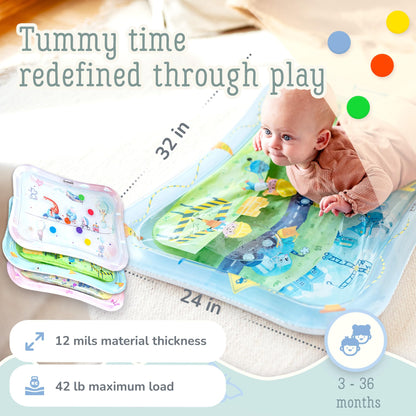 Tummy Time Water Mat for Babies – XXL Sensory Baby Water Play Mat – Award-Winning Infant Activity Mat for Motor Development – Premium, Baby-Safe Water Tummy Time Mat – Construction Site