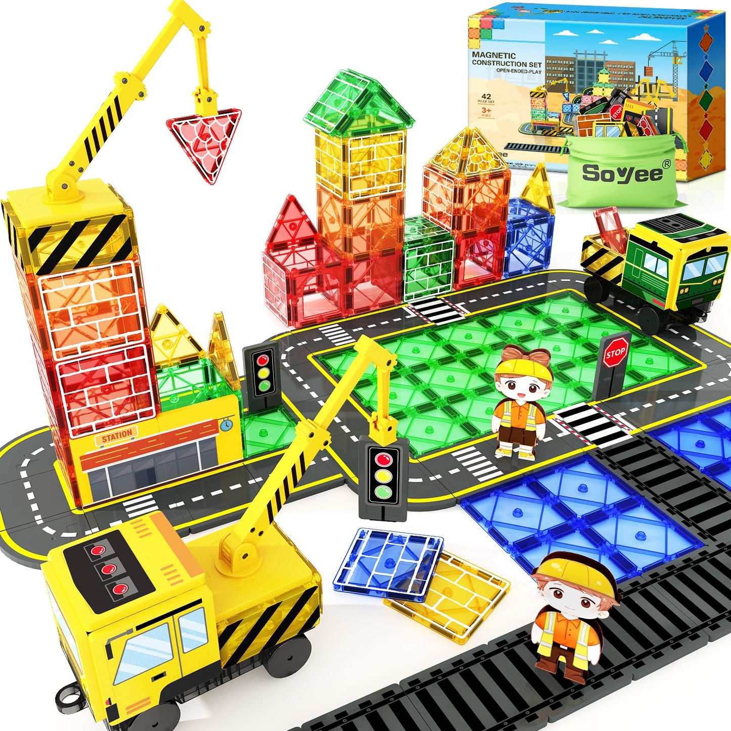 Soyee Magnetic Tiles Magnetic Construction Toys with 2 Cranes Boys Toys for Ages 3-5 5-7 Magnet Building Blocks Chritmas Gifts Boys Sensory Autism Montessori Toys Gift for 3+ Year Old