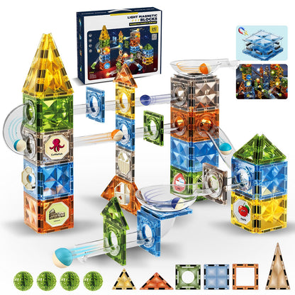 ROHSCE Glowing Magnetic Marble Run Set 142PCS, STEM Educational Magnet Building Toys, 4D Diamond Surface Light Magnetic Tracks, Creative Marble Maze Gift for Boys and Girls Ages 3-12