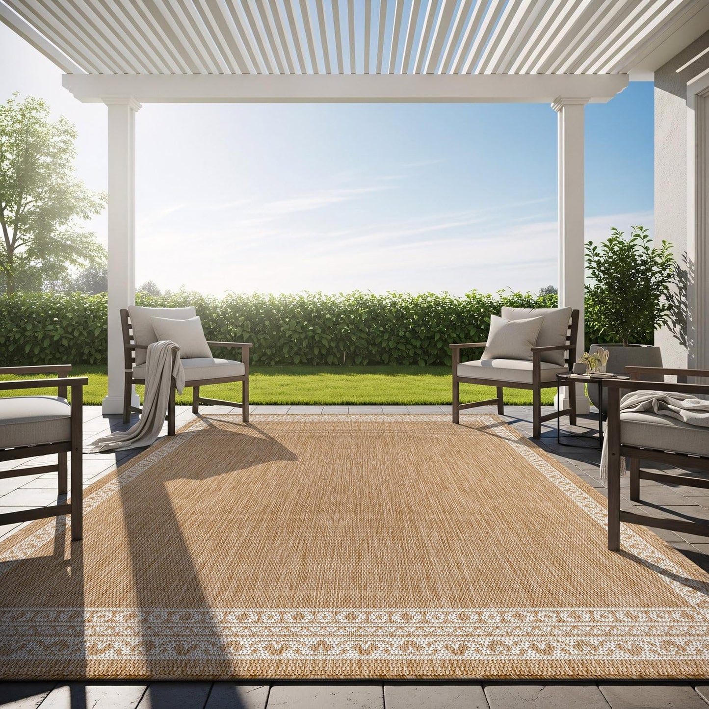 Washable Outdoor Rug 8x10 Modern Area Rugs Outdoor Carpets Bordered Pattern Non Shedding Waterproof Easy Clean Patio Deck Porch Living Room Bedroom Garden RV (8 X 10 Natural)