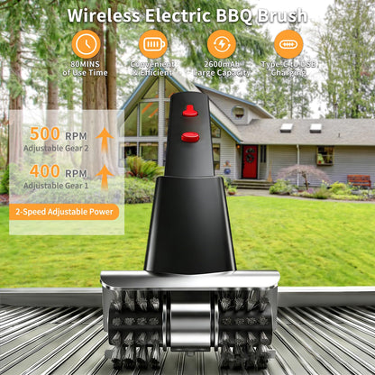 Hitish Cordless Electric Grill Brush for Outdoor - Waterproof BBQ Grill Cleaner with Lights Water Spray - Grill Cleaning Brush for Burnt-On Grease&BBQ Grates, 90 Mins Runtime, 2 Stainless Heads Refill