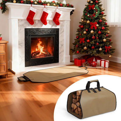PAWBOSE Fireproof Fireplace Mat Hearth Rug and Firewood Carrier Firewood Bag, Great Gift for Cabin, Large Fire Wood Sling Carrier with Handles, Protect Floors Carpets from Sparks Embers-Tan