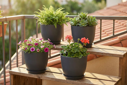 XQSHPDM 8 Inch Plant Pots Set of 4, Plastic Planters with Drainage Holes and Tray, Flower Pots for Indoor Outdoor Plants and Flowers (Black)