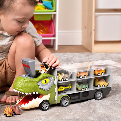 JOYIN 13 in 1 Dinosaur Toys for Kids 3-5, Transport Dinosaur Carrier Truck with 12 Pull Back Cars, Toddler Toys 3-4， Birthday Gifts for 3 4 5+ Year Old Boys