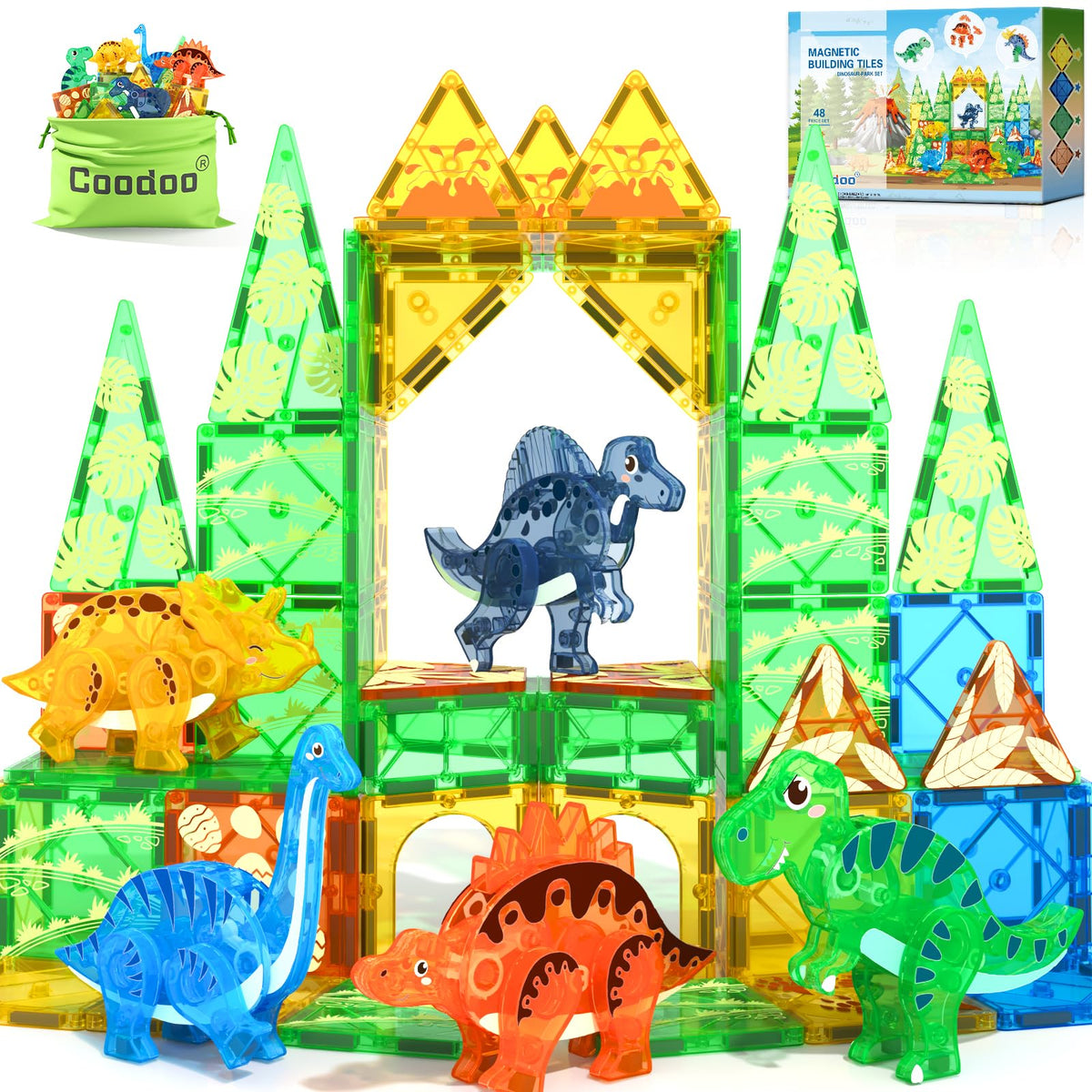 Coodoo Dinosaur Toys Magnetic Tiles 3D Movable Dinos for Kids 3-5 5-7 Toddler Outdoor Sensory Toys, STEM Educational Magnetic Blocks for 3+ Years Old Boys Girls Kids Toy