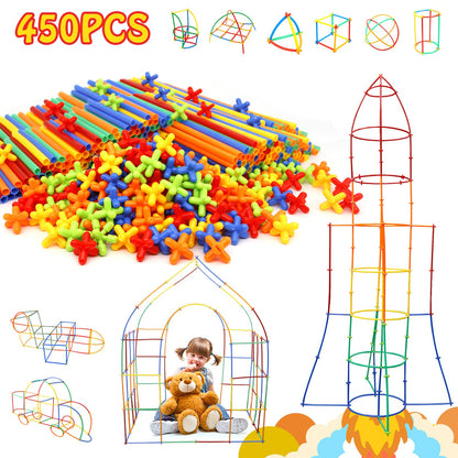Ggiibro Creative Straw STEM Building Toys 450Pcs Aged for 3-5 5-7 Preschool Kids Constructor Toy Thin Tube Toy DIY Educational Interlocking Plastic Engineering Toys Kit for Boys and Girls