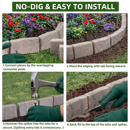 Landscape Edging Faux Stone Garden Edging Border,17FT x 2.75 in Tall Decorative Stone-Look Garden Border for Flower Bed Edging,Lawn,Landscaped Yard,Trees and Gardens,with Anchoring Spikes,Brown