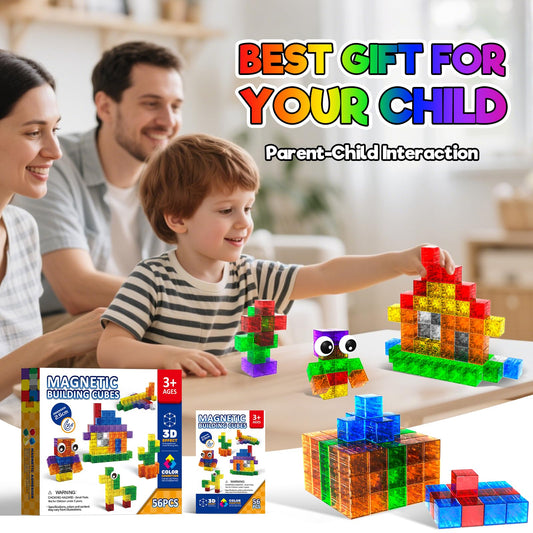 Annexfun 56PCS Magnetic Blocks - Transparent Magnetic Cubes, Toddlers Building Blocks,Montessori Preschool STEM Educational Sensory Toys for Kids Ages 3+ Boys & Girls Birthday Gifts (1IN)