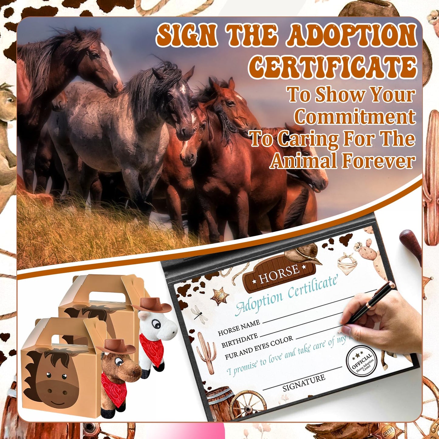 62 Pcs Adopt a Horse Animal Party Favors Include 12 Mini Stuffed Horse 12 Boxes 12 Brown Hat 12 Red Scarf 12 Cards 1 Adopt Sign 1 Fence for Adopt a Grassland Animal Party Favor Pet Birthday Supplies