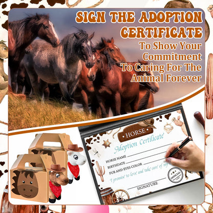 62 Pcs Adopt a Horse Animal Party Favors Include 12 Mini Stuffed Horse 12 Boxes 12 Brown Hat 12 Red Scarf 12 Cards 1 Adopt Sign 1 Fence for Adopt a Grassland Animal Party Favor Pet Birthday Supplies
