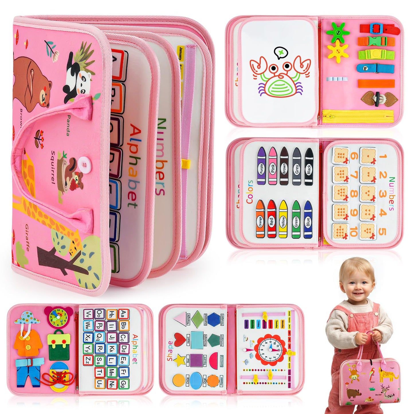 Montessori Toy Busy Book for Toddlers 1-3, Birthday Gifts for 1 2 3 Year Old Girls, Travel Activity Book & Sensory Learning Toy 1 2-4 Year Old Girl, Educational Busy Board for Fine Motor Skills