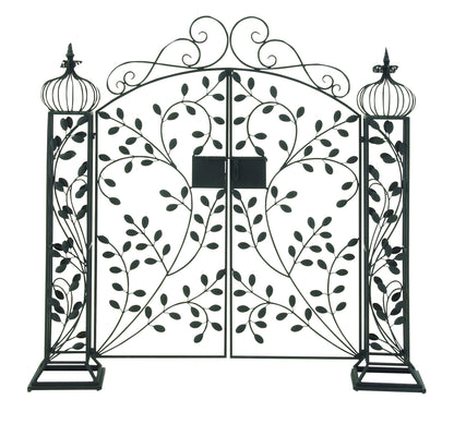 Deco 79 Metal Indoor Outdoor Scrollwork Arched Gate Garden Arbor with Vines and Latch Lock Closure, 70" x 15" x 65", Black