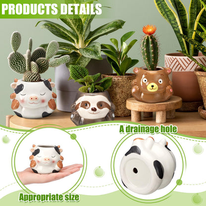 6 Pcs 3 Inch Cute Animal Succulent Pot Small Animal Ceramic Planter with Drainage Hole Office Desk Cartoon Ceramic Succulent Planters Garden Pots for Mini Plant Cactus Flower Women Gift Home Decor
