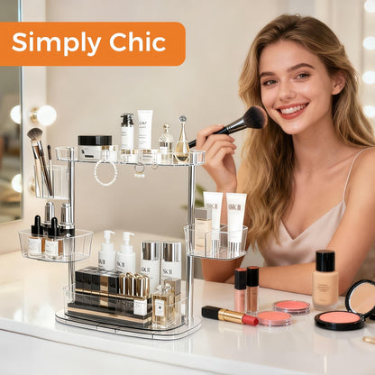 YOSHIONAL Rotating Makeup Vanity Organizer, Bathroom Countertop Cosmetic Skin Care Storage,Cosmetic Display Case with Brush Holder,for Skincare Perfume Cosmetics,Detachable Hanging Trays & Hooks