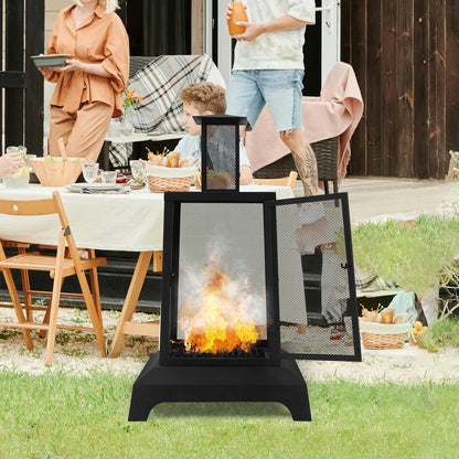 Walsport Chiminea Outdoor Fireplace, 43 Inch Wood Burning Fire Pit with Grill Grate and Spark Screen Cover, Outdoor Fire Pit for Patio, Backyard, Deck Porch and Camping, Black