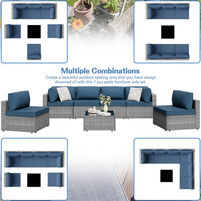 Shintenchi 7 Pieces Outdoor Patio Furniture Sets, Patio Sectional Sofa Couch, Silver Gray PE Wicker Furniture Modular Patio Conversation Sets Patio Sofa with Washable Cushions (Aegean Blue)