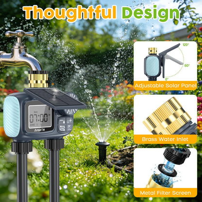 AnseTo Solar Sprinkler Timer,Brass Inlet Hose Timer for Garden Hose,Programmable Water Timers,Plant Watering Devices,Garden Watering System, Rain Delay/Manual/Automatic Irrigation System, 2 Outlet