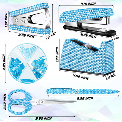 Demissle 6 Pcs Bling Office Desk Accessories Set Crystal School Stationery Kit Scissor Stapler with Staple, Tape Dispenser, Diamond Pen, Staple Remover, Binder Clip, Paper Clip, Push Pins(Blue)