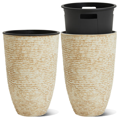 Worth Garden 21" H Beige Tall Planters set of 2 with Inside Pots - 14'' Dia Plastic Large Round Plant Tree Pots with Drain Hole - Decorative Imitation Stone Finish for Indoor Outdoor Front Porch Patio