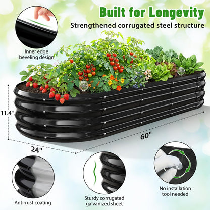 VAMFUTRE Oval Raised Garden Bed, 5 x 2 x 1FT, Galvanized Steel Planter Box with Wave-Shaped Metal Panels Painted for Outdoor Flower,Tree,Herb & Vegetable Garden (Black, 60X24X12 inches)