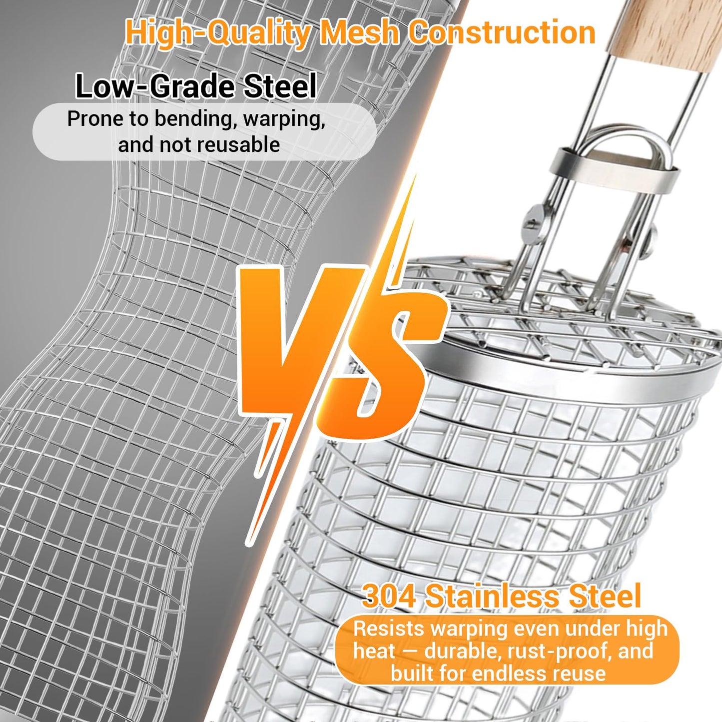 Rolling Grill Basket for Vegetables, Kebabs & Shrimp – 304 Stainless Steel BBQ Accessory with Side-Opening Design, Ideal for Outdoor Cooking & Camping (Rolling Grill Basket)