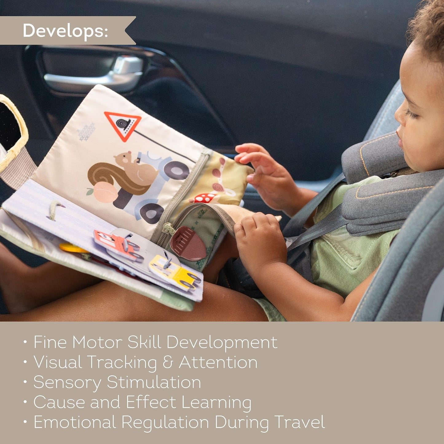 Taf Toys Car seat Toys Busy Book for Toddlers 1-3, Montessori Quiet Activity Books Travel Toy with 15 Activities - Montessori Toys Busy Board for baby - Boy Toys Girl Birthday Gift Travel activity car
