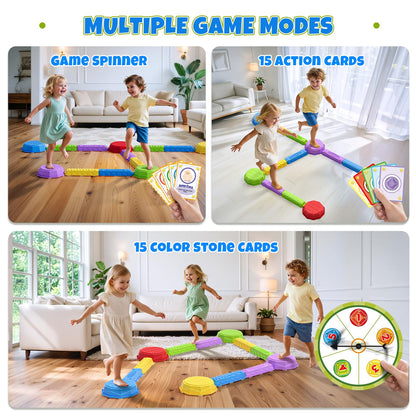 Wee Wonders Balance Beam Stepping Stones for Kids, Non-Slip Sensory Obstacle Course Toys for Toddlers, Stackable Balance Stones with Game Spinner & 30 Card, Indoor Outdoor Gifts for Boys Girls 3-5