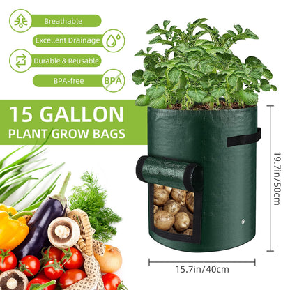 LITLANDSTAR 6 Pack Potato Grow Bags, 15 Gallon Grow Bags Garden Planting Bags with Flap Windows and Handles, Vegetable Grow Bags for Potato, Onion, Tomato, Carrot (Dark Green)
