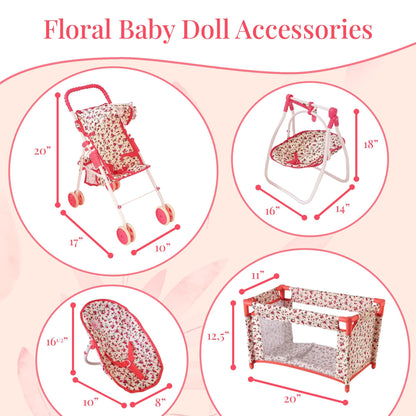 Deluxe Baby Doll Stroller and Crib Furniture Playset, Multi Baby Doll Accessories Set for 18" Dolls, Includes Doll Stroller Swing and Doll Bed Pretend Play for All Dolls - Floral