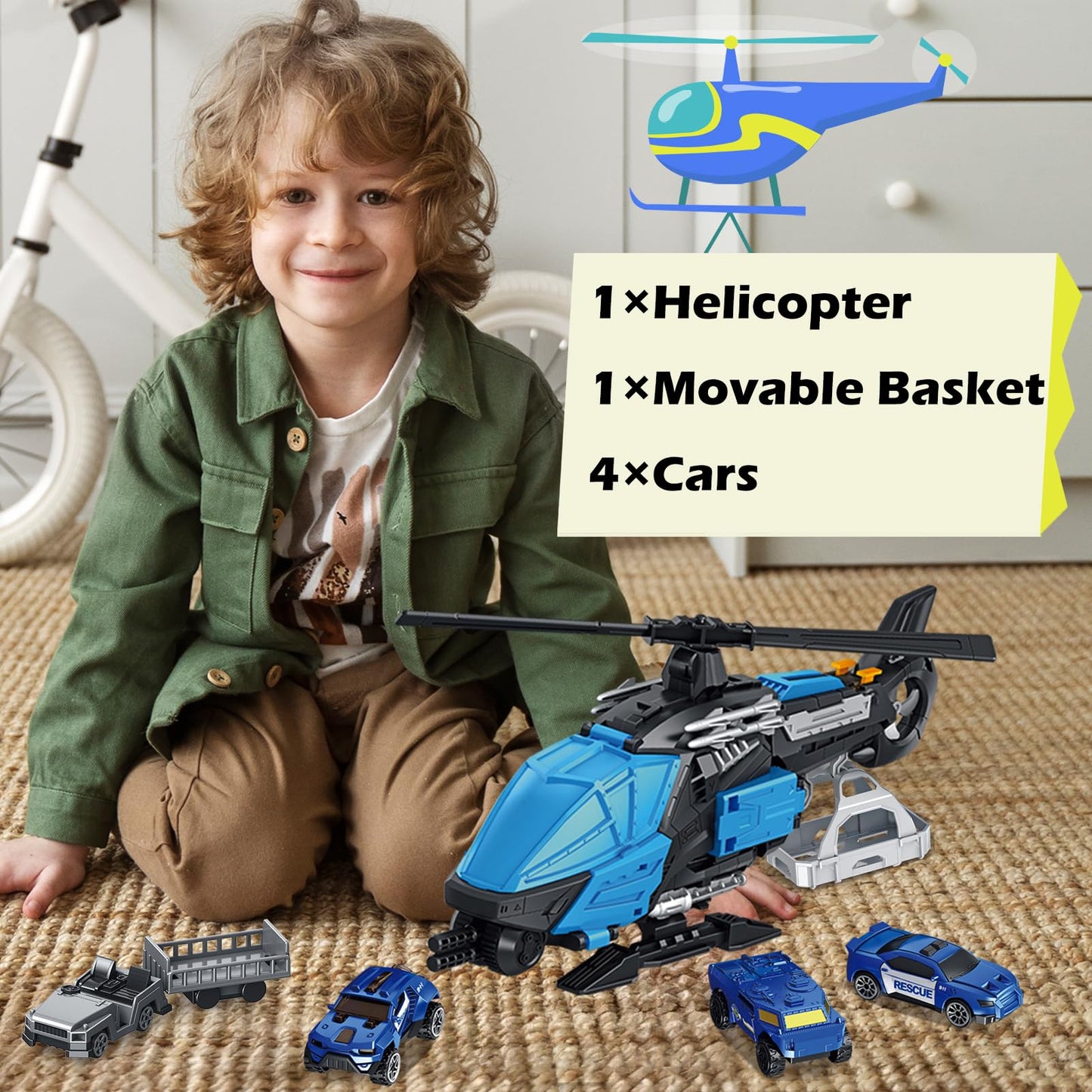 Frontoytall Police Rescue Helicopter Toy Set for Kids 3-8, Transport Cargo Helicopter with 3 Police Cars & Truck, Rotating Blades, Storage Cabin, STEM Learning Toys Gift for Boys Girls