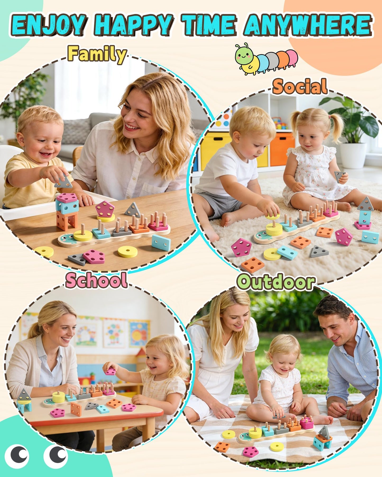 Zeewoo Montessori Toys for 1 2 3 Year Old Girl Boy Gifts Educational for 1-2 Year Old Caterpillar Wooden Shape Sorter Stacking Toys for Toddlers 2-4 Preschool Learning Toy Birthday Gift