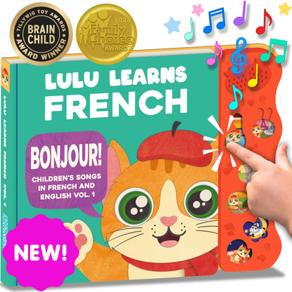 Lulu Learns French Vol. 1 — Interactive Sound Board Book for Toddlers 1-3, Bilingual English & French Songs & Music, Talking Musical Learning Toy and Gift for Babies & Kids