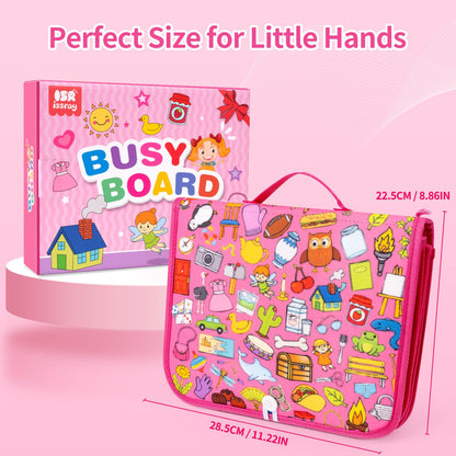 Toddler Busy Board, Montessori Busy Book for Toddlers, 12-Page Quiet Educational Activity Book, Learning Sensory Toys for Motor Skills, Travel Toy for Car Airplane, Girl Kids Birthday Gifts (Pink)