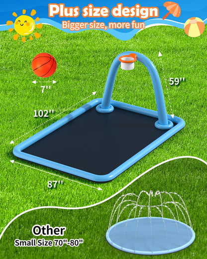 Octaplay Splash Pad for Kids & Dogs, Large Sprinkler Pad Water Toys with Basketball Hoop, Thickened Non-Slip Splash Mat, Foldable Play Pool & Outdoor Summer Toys Ages 4-12 (102" Splash Pad)