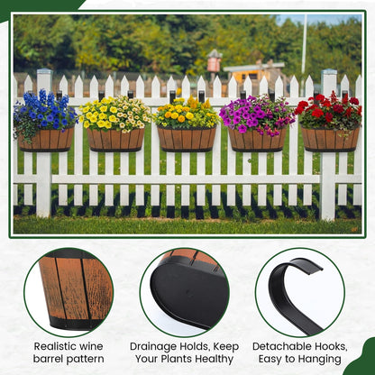 Ferrochef 5 Pcs Wine Barrel Metal Hanging Flower Pots 10.5" Fence Hanging Planters Outdoor Pot Wine Barrel Wall Planter with Detachable Hooks for Fence Garden Yard Home Decor