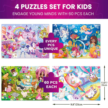QUOKKA Puzzles for Kids Ages 4-6 - Set of 4x60 Jigsaw Puzzles for Toddlers 3-5 - Unicorn Princess Animals Toys for Children 6-8 yo - Gift Educational Game for Boys & Girls
