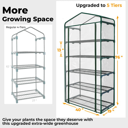 Greens Word Small Greenhouse for Outdoors, Indoor Mini Greenhouse with Plastic Cover, Portable 5 Tier Plant Shelves, Green Houses for Outside Backyard, Winter Plants Warmer, Green, 19″x40″x75″
